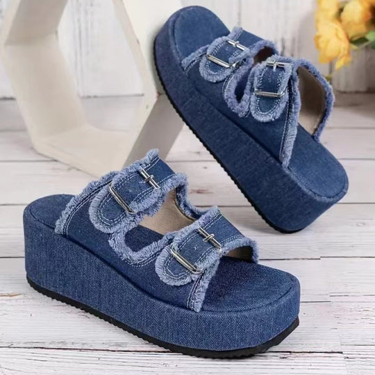 Damen bequeme Plattformsandalen aus Denim mit doppeltem Riemen EB