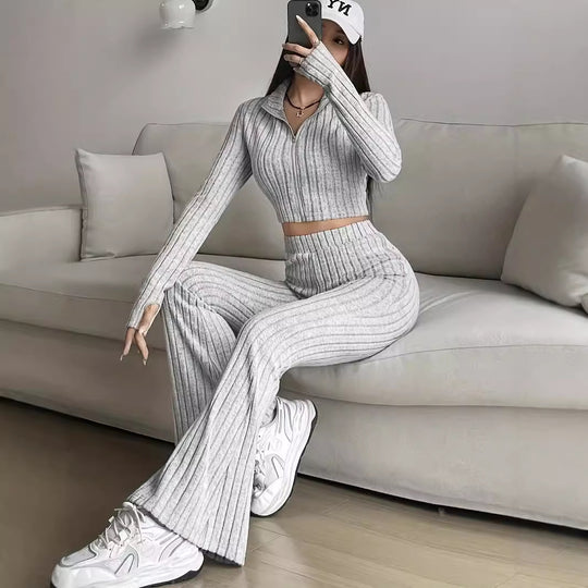 Damen Modisches Strick-Set mit cropped Oberteil und weitem Hosen EB