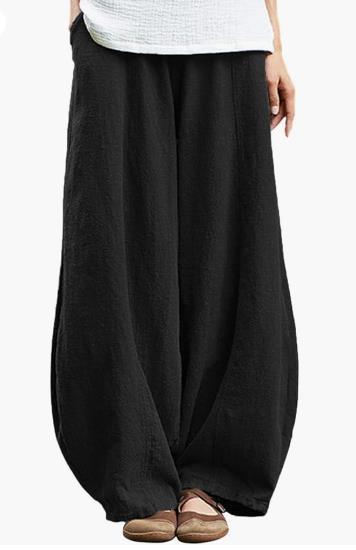 Damen weite Leinenhose mit elastischem Bund und praktischen Taschen EB
