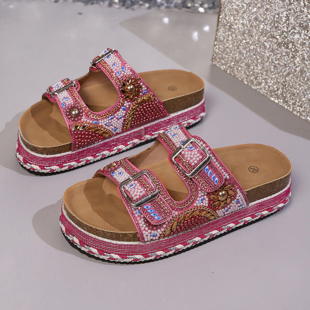 Damen Bequeme und modische Platform-Sandalen mit verstellbaren Riemen und bunten Applikationen EB