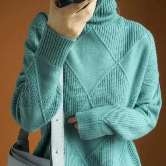 Damen hochwertiger Strickpullover mit stehendem Kragen und extravagantem Rautenmuster EB