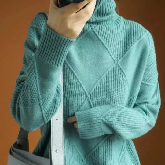 Damen hochwertiger Strickpullover mit stehendem Kragen und extravagantem Rautenmuster EB
