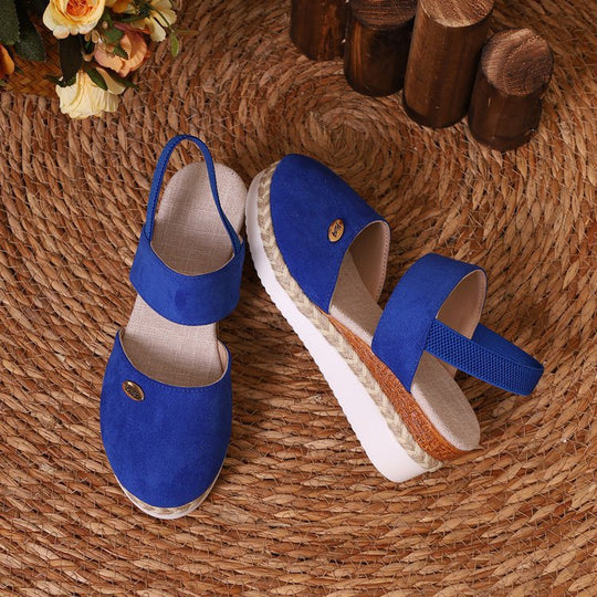 Damen  Espadrille-Keilpantoletten mit elastischem Fersenriemen, Veloursoptik-Obermaterial und geflochtenem Jute-Plateau EB