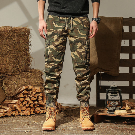 Herren Cargohhose im Camouflage-Joggerstil mit Kordelzug, elastischem Saum und Mehrfach-Taschen EB