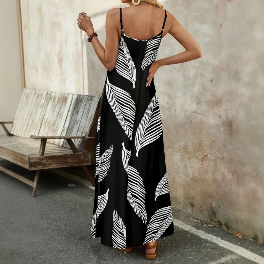 Damen Maxikleid mit elegantem Blätterdesign und feinen Spaghettiträgern EB
