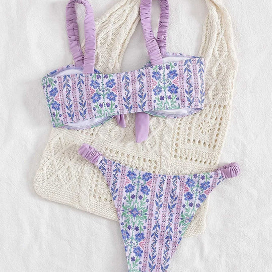Damen Bandeau-Bikini mit floralem Design und verspielten Rüschen EB