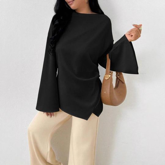 Damen nan oversized Satin-Tunika mit U-Boot-Ausschnitt und weiten Trompetenärmeln EB