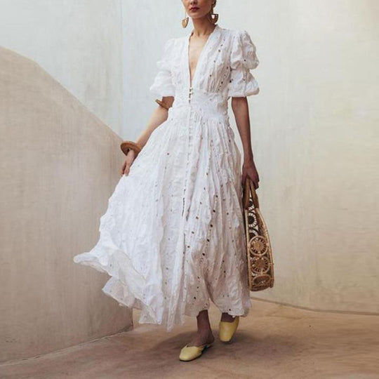 Damen Maxi-Kleid mit voluminösen Puffärmeln und detailreicher Faltenoptik EB