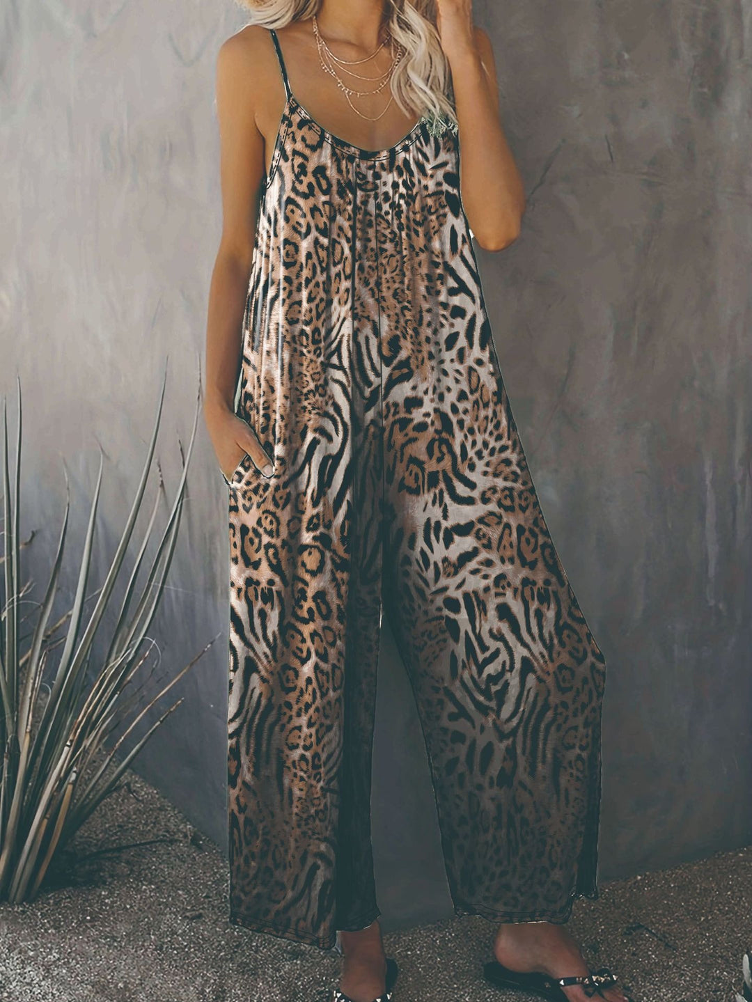 Damen Lockere Jumpsuit mit Animal-Print und praktischen Taschen EB