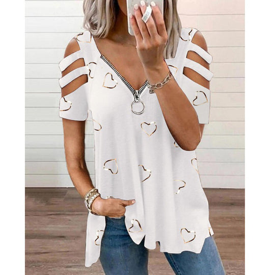 Damen V-Ausschnitt T-Shirt mit Cut-Outs und Herzdesign EB