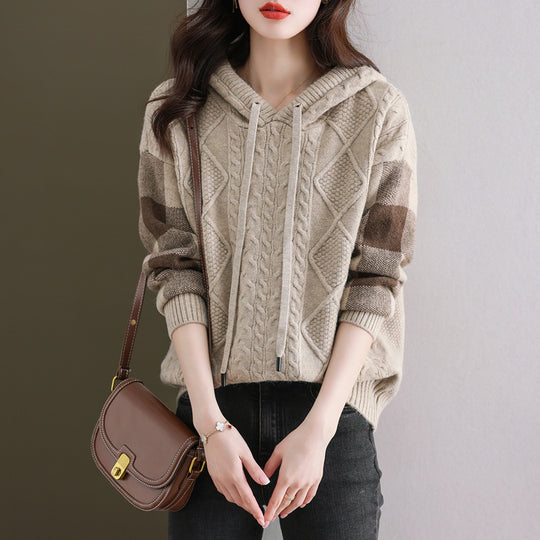 Damen Strickpullover mit Kapuze und modischem Karomuster EB