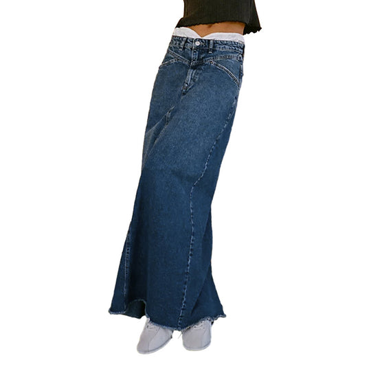 Damen Langer Denim-Rock mit hohem Bund und praktischen Taschen EB