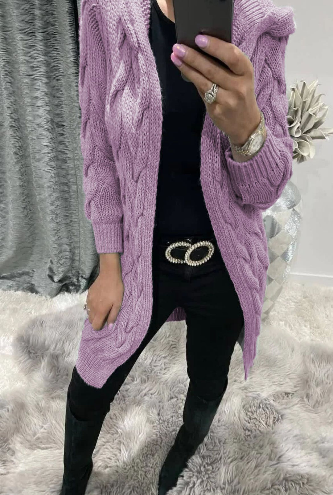 Damen Lange Strickjacke mit hochwertigem Zopfmuster und lässigem Schnitt EB