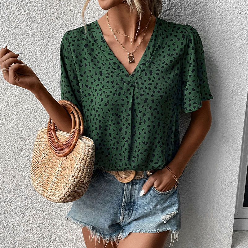 Damen V-Ausschnitt T-Shirt mit Leopardenmuster und fließendem Schnitt EB