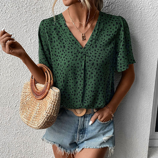 Damen V-Ausschnitt T-Shirt mit Leopardenmuster und fließendem Schnitt EB