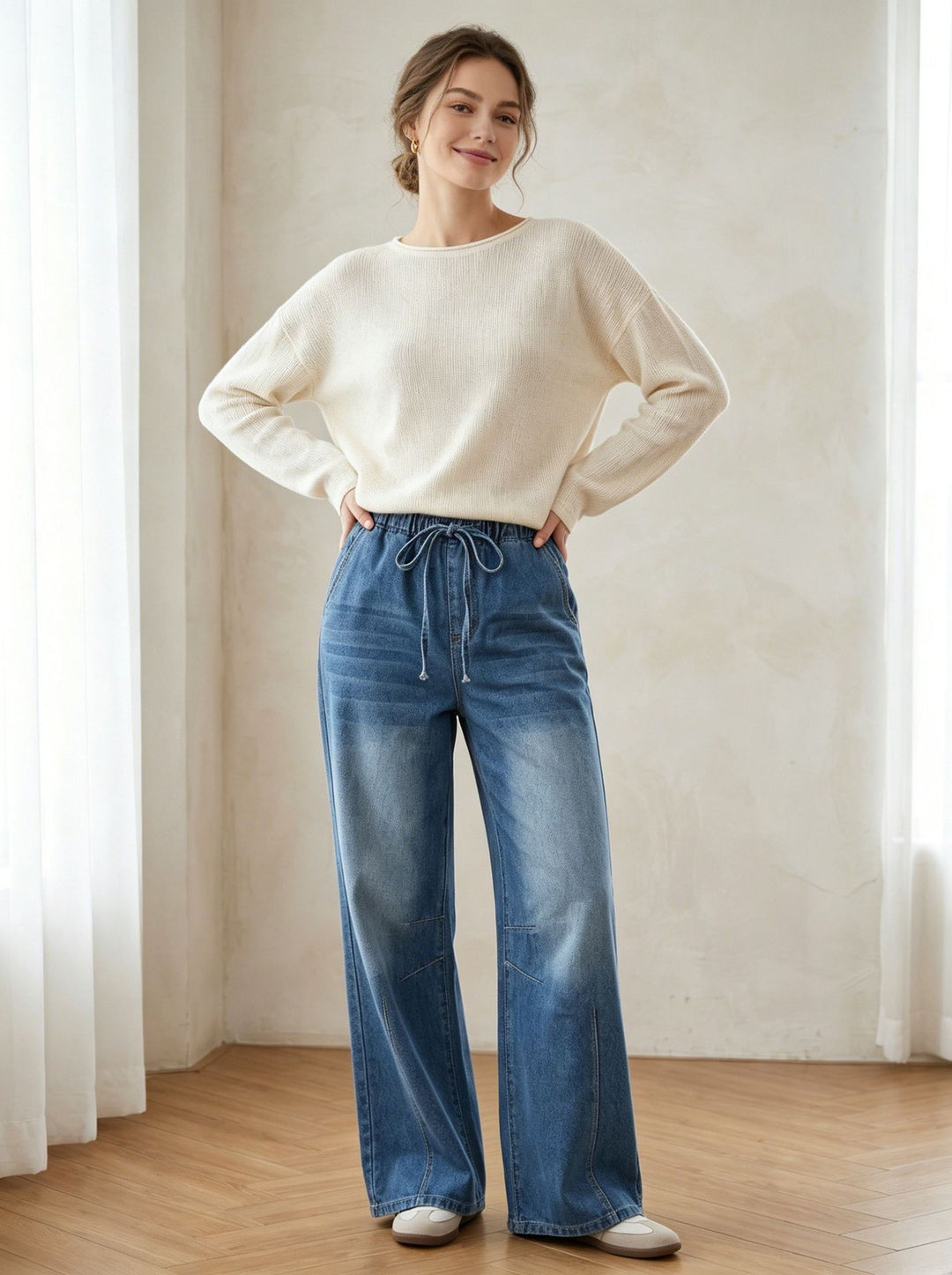 Damen nan Relaxed-Fit Denim-Hose mit elastischem Tunnelzugbund, dezentem Used-Effekt und weitem Bein EB