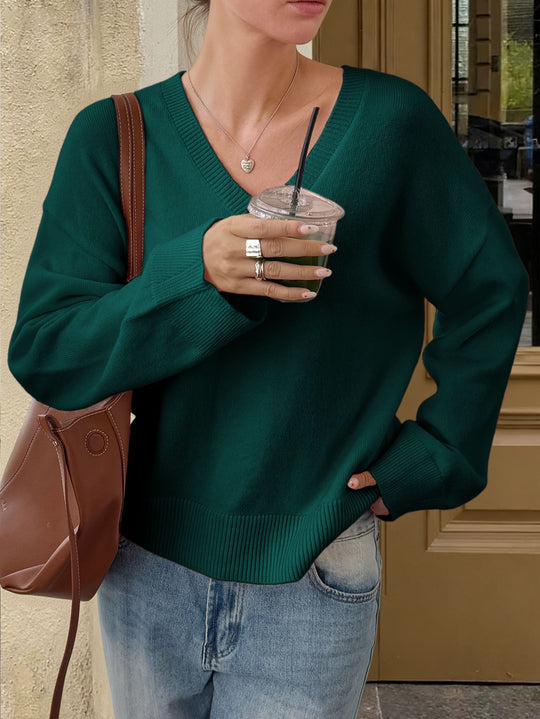 Damen nan oversized V-Ausschnitt Feinstrickpullover mit überschnittener Schulter, langen Kimonärmeln und breitem Rippbund EB