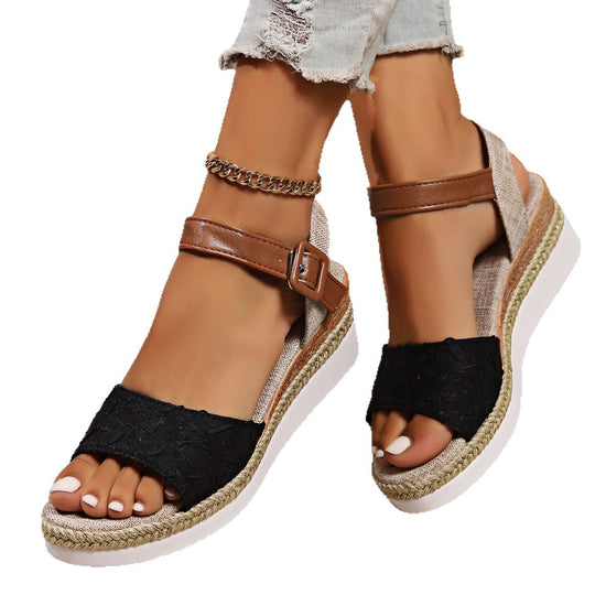 Damen Wedge-Sandalen mit verstellbarem Riemen und trendigem Bast-Detail EB