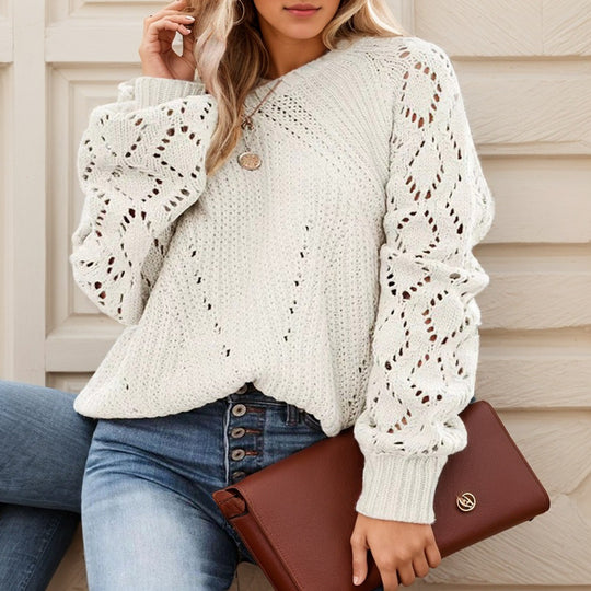 Damen Strickpullover mit romantischem Lochmuster und weiten Ärmeln EB