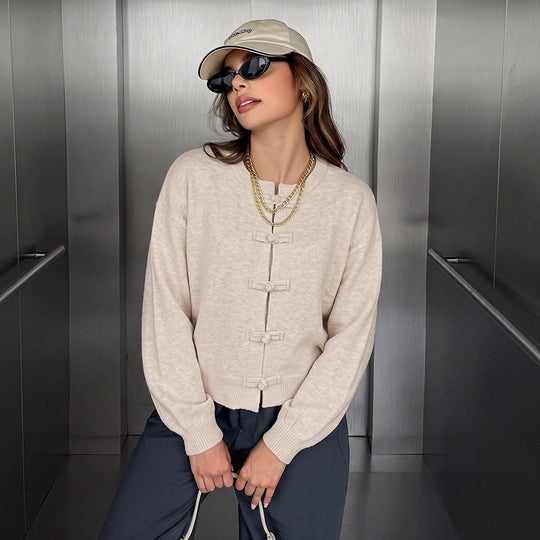 Damen Feinstrick-Cardigan mit dekorativem Knotenverschluss und legerer Raglan-Silhouette EB