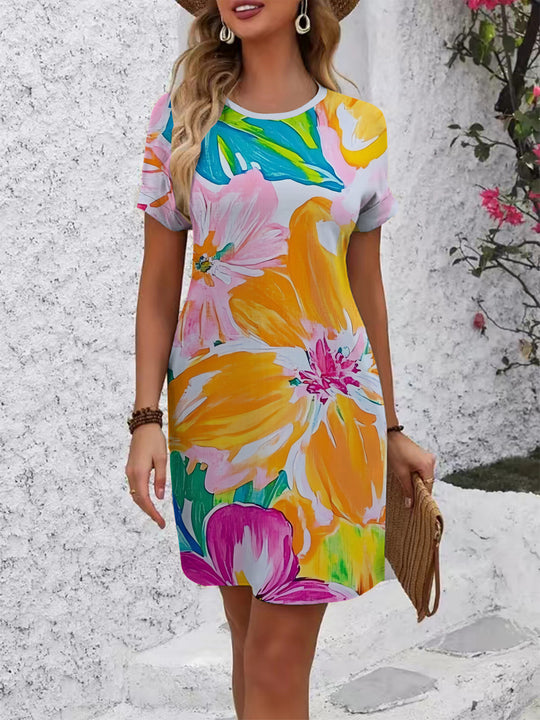 Damen lässiges T-Shirt Kleid mit buntem Blumenmuster und bequemem Schnitt EB
