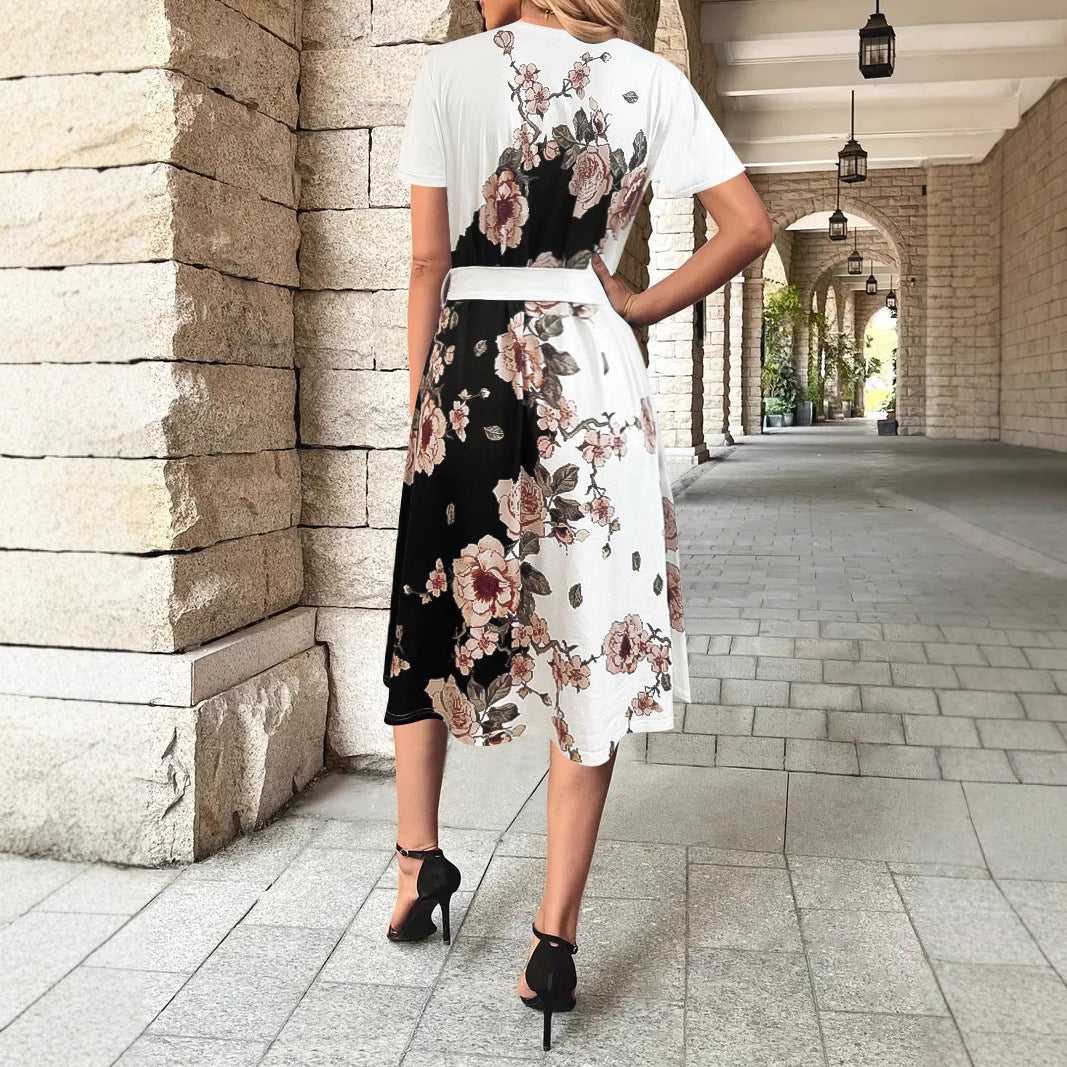 Damen Midikleid mit floralem Design und praktischer Taillenschnürung EB