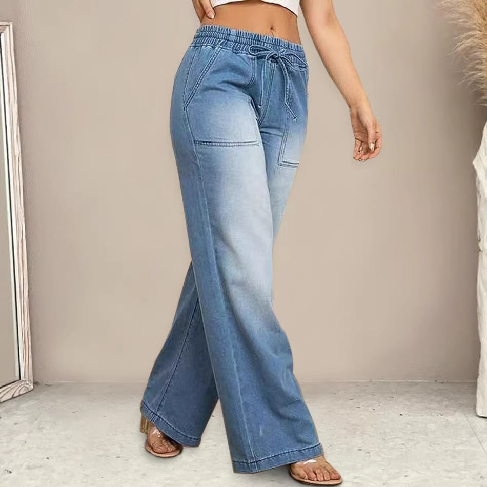 Damen Weit geschnittene Jeanshose mit elastischem Bund und modischem Used-Look EB
