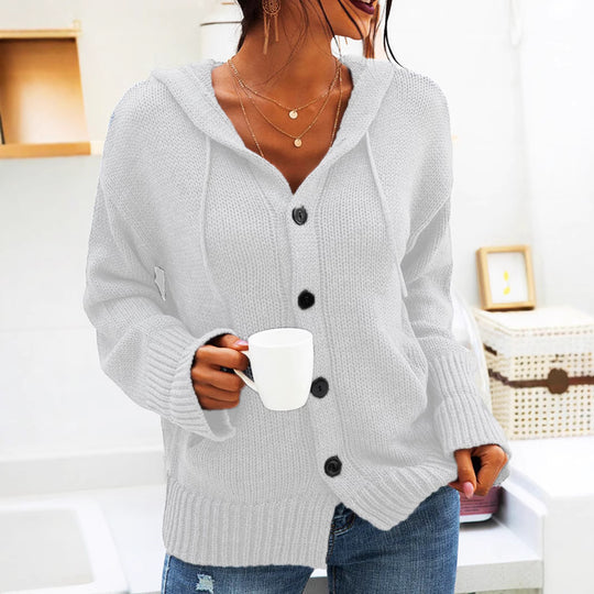 Damen Strickjacke mit Kapuze und knöpfen im lässigen Stil EB