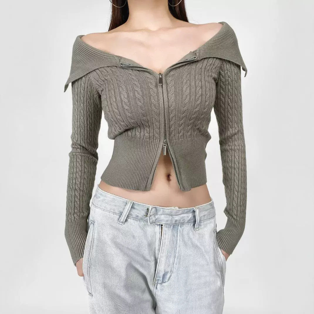 Damen modische Strickjacke mit weitem Kragen und Reißverschluss EB