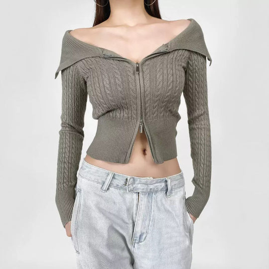 Damen modische Strickjacke mit weitem Kragen und Reißverschluss EB