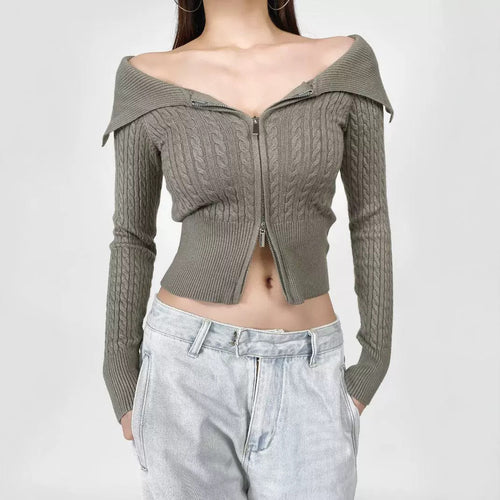 Damen modische Strickjacke mit weitem Kragen und Reißverschluss EB