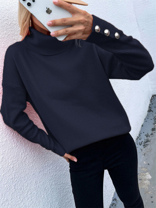 Damen Grobstrickpullover mit Rollkragen und Knopfdetail EB