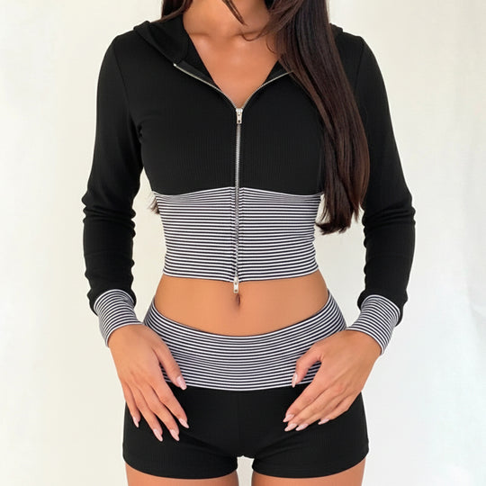 Damen nan kurz geschnittenes Lounge-Set mit Kapuzen-Cropped-Zip und gestreiften Highwaist-Shorts EB