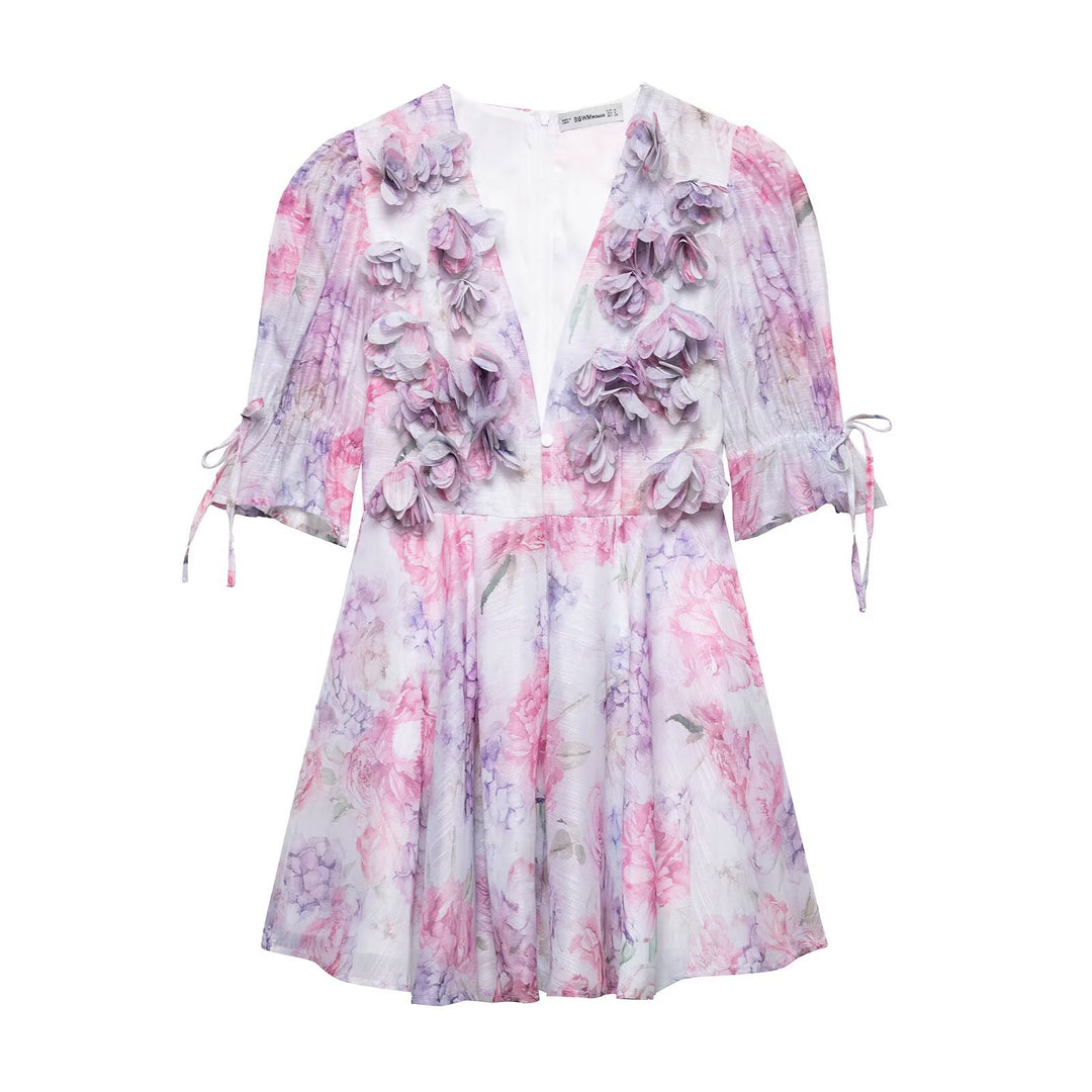 Damen verspieltes Sommerkleid mit floralem 3D-Applikationsdesign EB