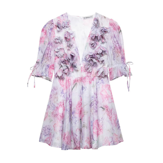 Damen verspieltes Sommerkleid mit floralem 3D-Applikationsdesign EB