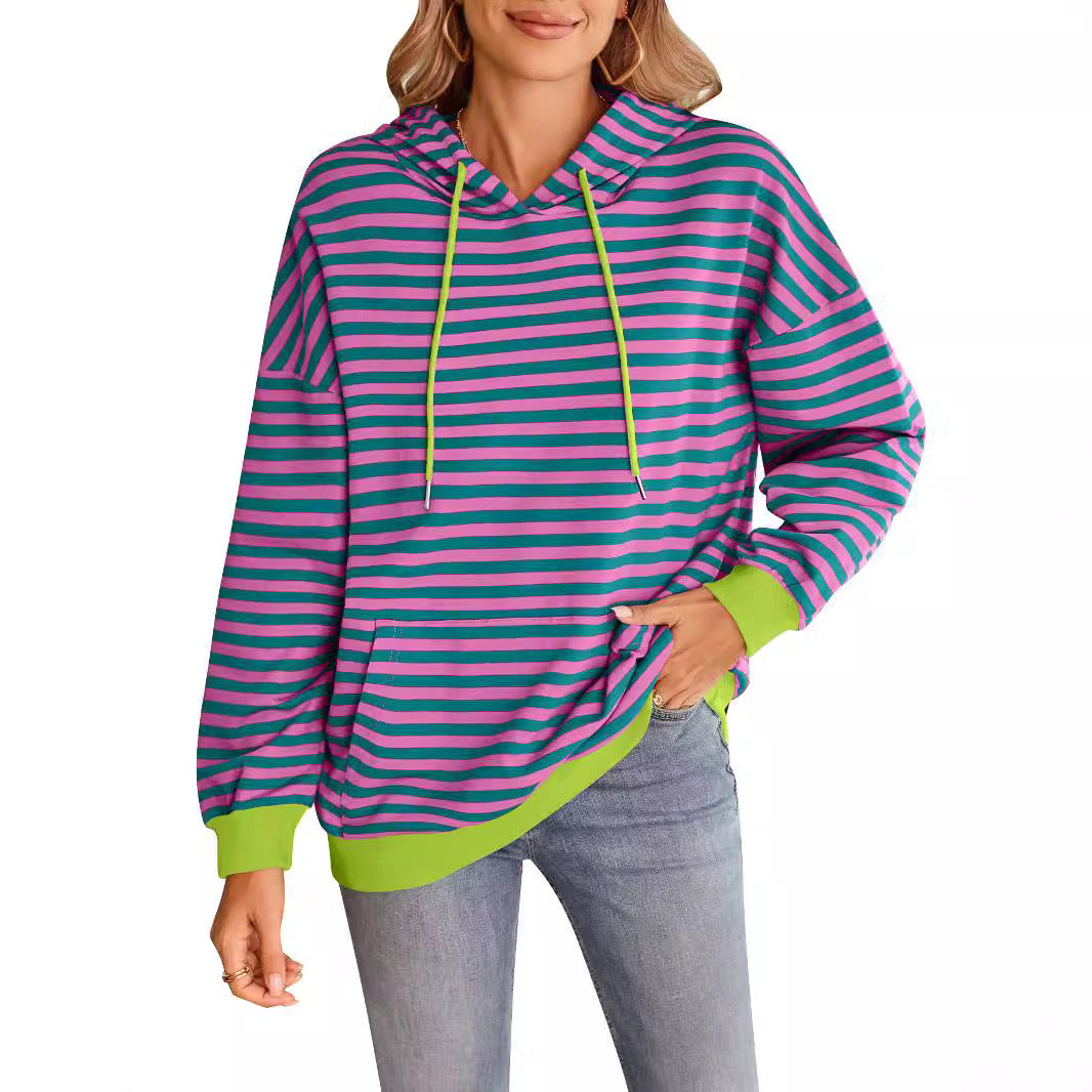 Damen gestreifter Kapuzenpullover mit stylischer Kängurutasche EB