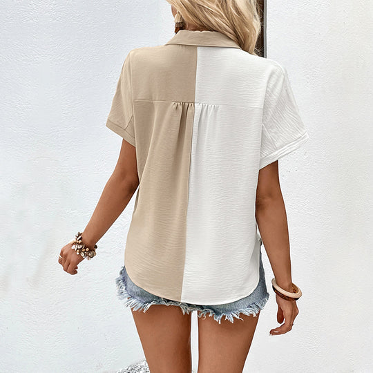 Damen Bluse mit farblich abgesetztem Kragen und praktischen Taschen EB