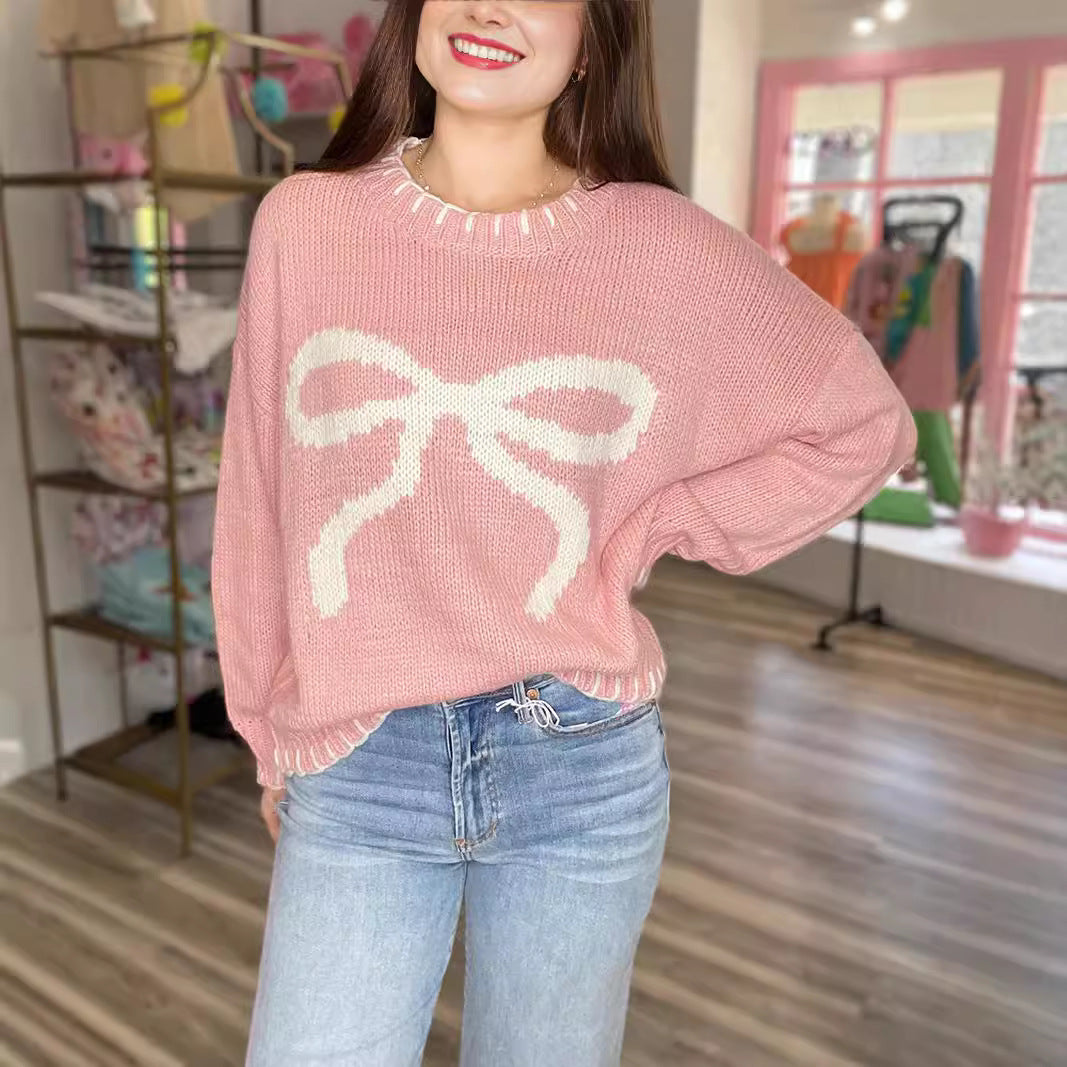 Damen Strickpullover mit verspieltem Schleifenmotiv und lässigem Schnitt EB
