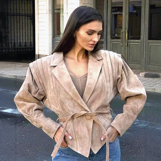 Damen nan taillierter Wildlederoptik Blazer mit Wickelgürtel und gerafften Schultern EB