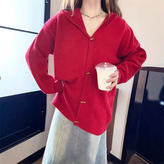 Damen stylische Strickjacke mit Kapuze und dekorativen Knöpfen EB