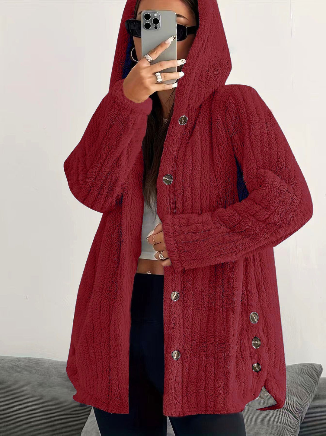 Damen Kuschelige Kapuzenjacke mit Knopfdetails EB