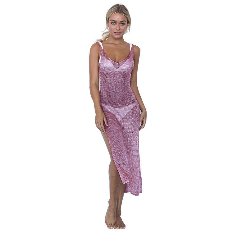 Damen elegantes Strickkleid mit transparentem Design und feinen Trägern EB