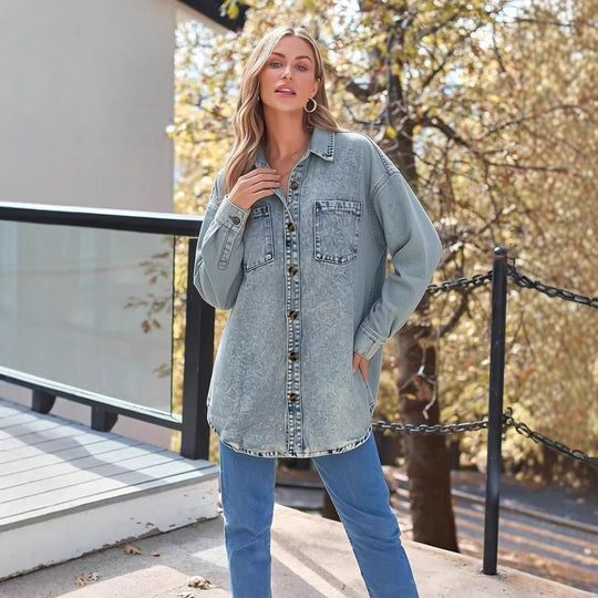 Damen Oversized Denim-Hemd mit aufgesetzten Taschen EB