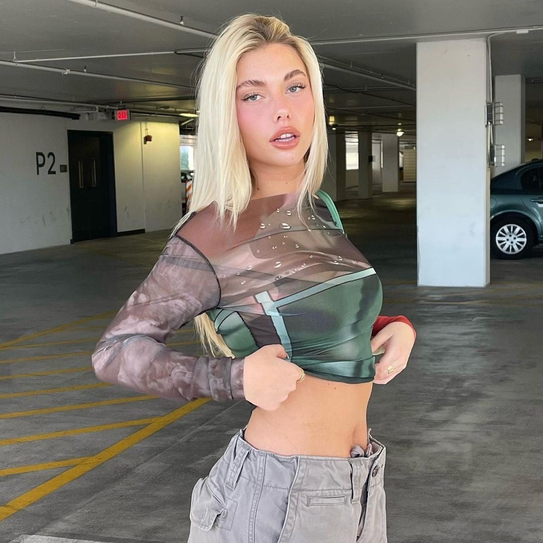 Damen Langarm Crop-Top mit transparenten Akzenten und grafischem Design EB