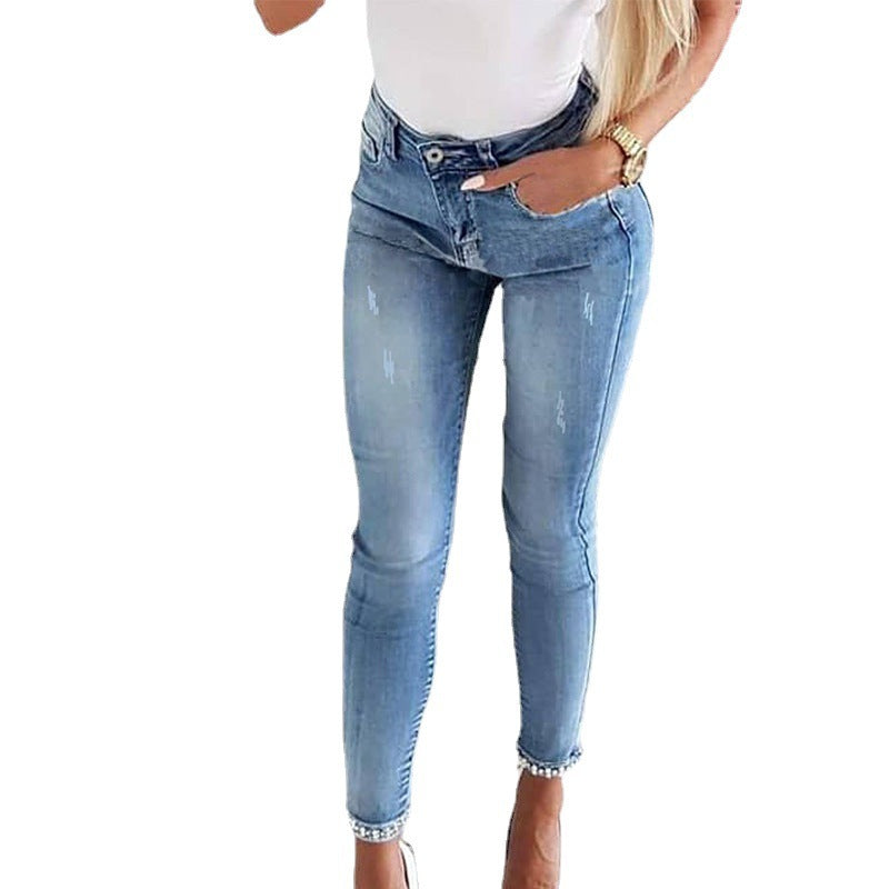 Damen Skinny Jeans mit Perlen- und Schleifendetails EB
