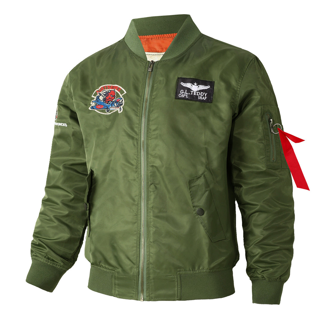 Men's  retro pilot-inspired flight jacket with embroidered crest, sleeve zipper utility pocket and contrast quilted lining EB