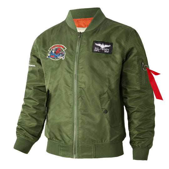Men's  retro pilot-inspired flight jacket with embroidered crest, sleeve zipper utility pocket and contrast quilted lining EB