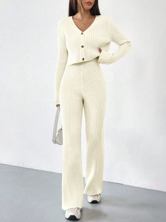 Damen Strick-Ensemble mit V-Ausschnitt und weitem Bein EB