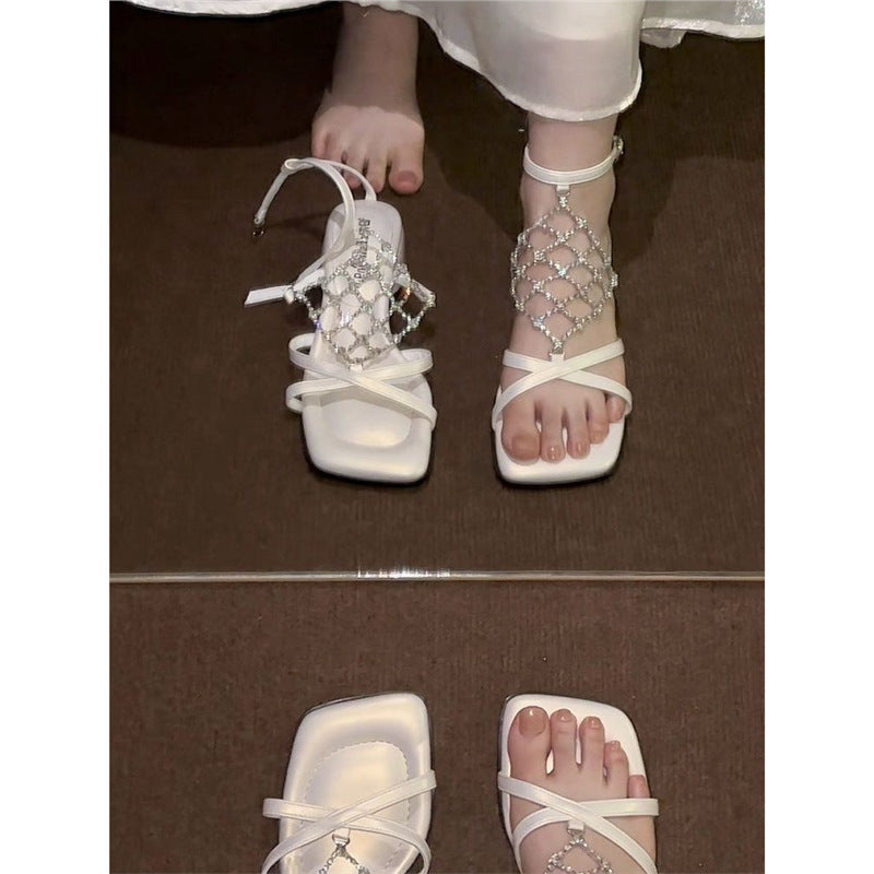 Damen elegante Riemchen-Sandalen mit funkelnden Kristallverzierungen EB