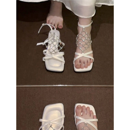 Damen elegante Riemchen-Sandalen mit funkelnden Kristallverzierungen EB